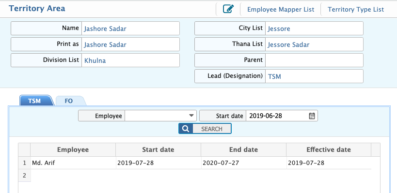 Territory Area View and List